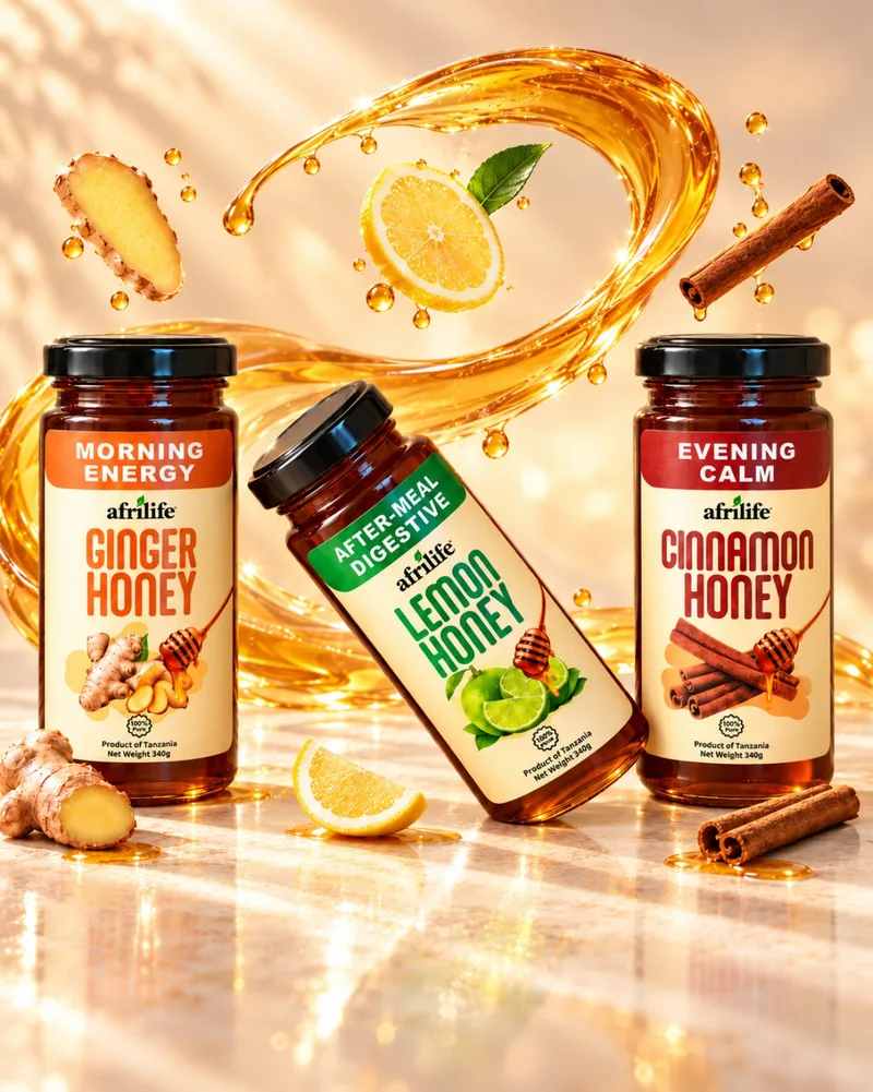 AfriLife Ginger Honey, Lemon Honey and Cinnamon Honey with a swirl of golden honey, fresh ginger, lemon and cinnamon