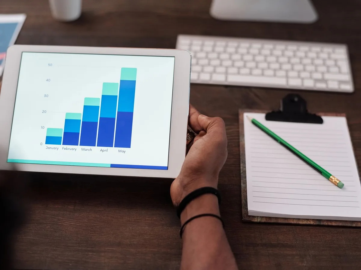 A tablet showing a rising bar chart
